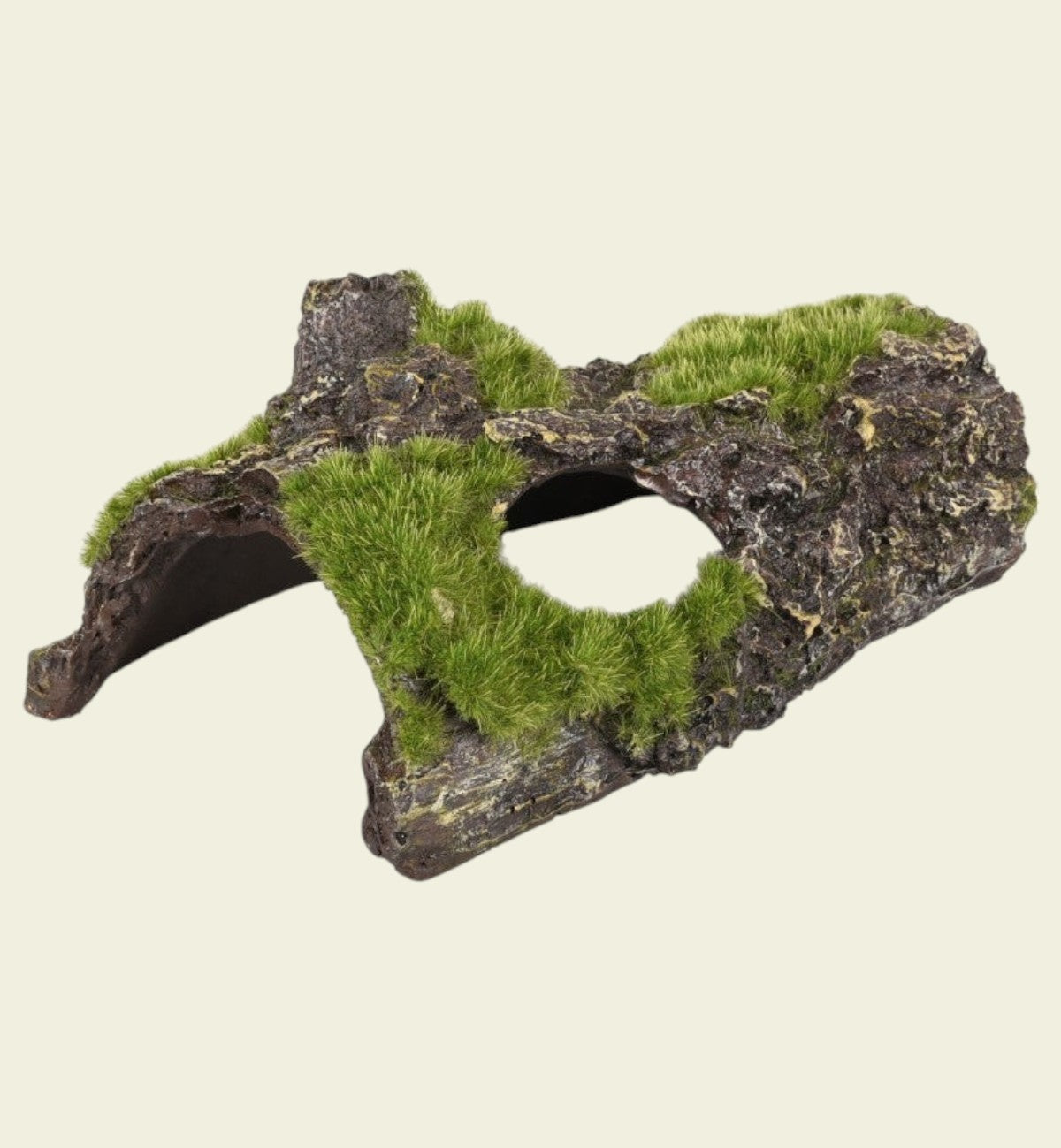 Animozen décoration d'aquarium en forme d'écorce de bois brun et vert avec fausse mousse et une cachette.