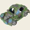 Animozen Décoration aquarium voiture scarabée cachette effet mousse, résine grise recouverte de fausse mousse verte.
