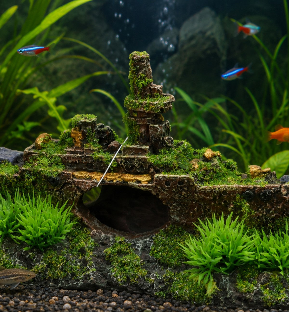 Animozen décoration sous-marin épave en résine verte et marron avec ouvertures pour poissons, 23x7x12 cm