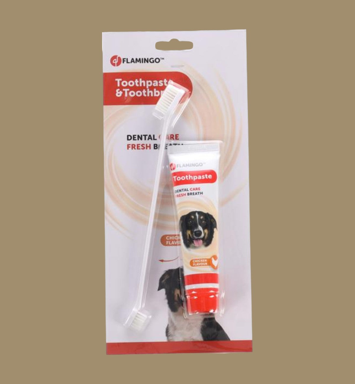 Animozen Set dentifrice et brosse à dents pour chien au goût de poulet. Brosse à dents double face en plastique blanc.