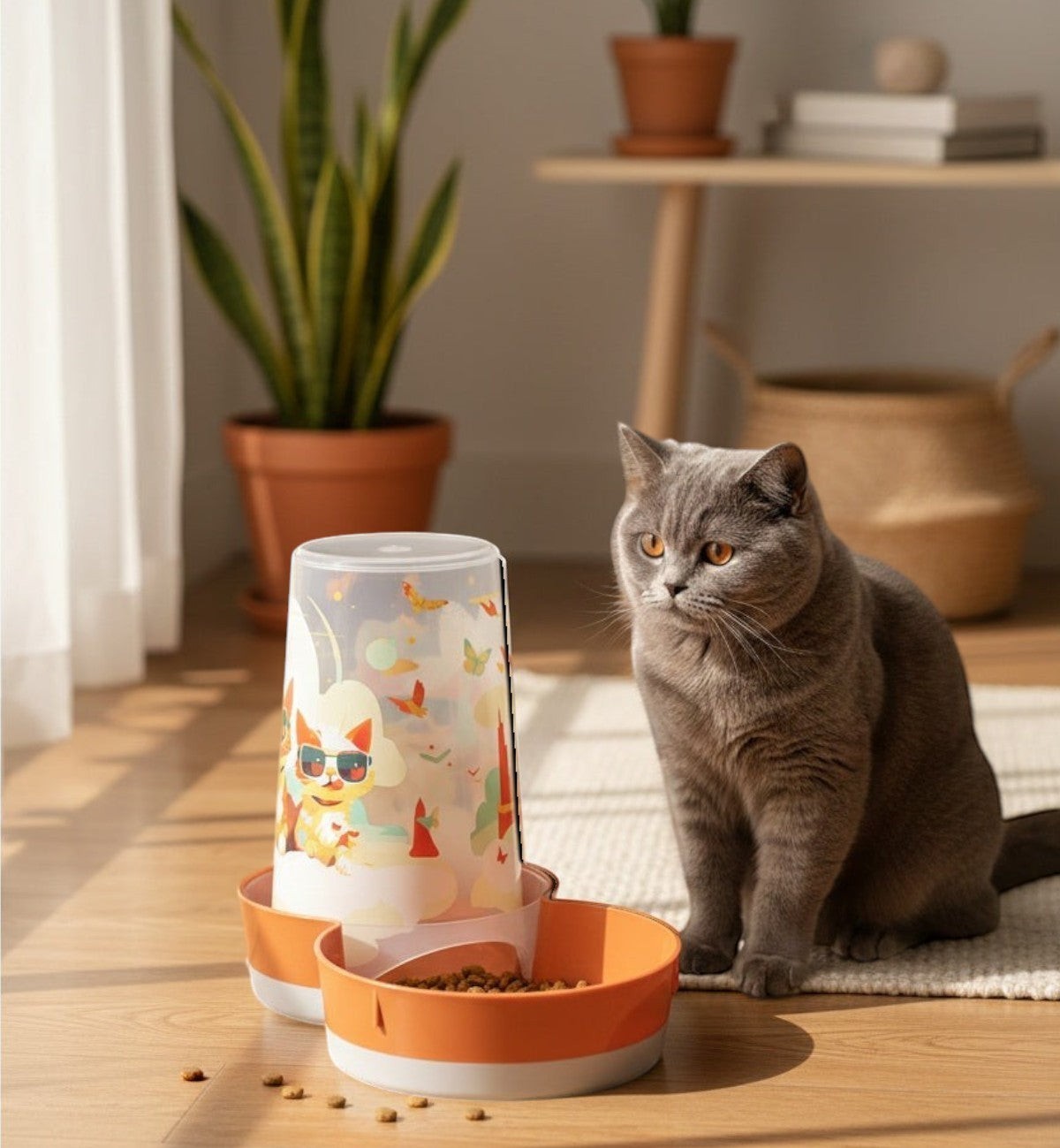 Distributeur de nourriture et d'eau brun en polypropylène pour chat Animozen avec motif ludique, gamelle amovible et base antidérapante.