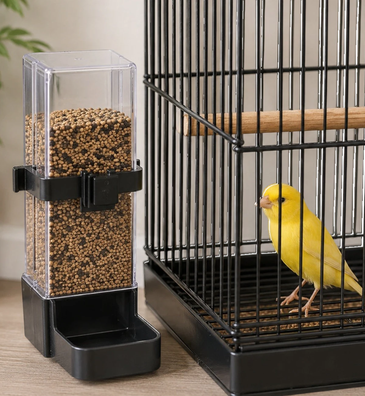 Animozen distributeur de nourriture pour oiseaux en plastique transparent et noir de 200 ml, idéal pour cages et volières.