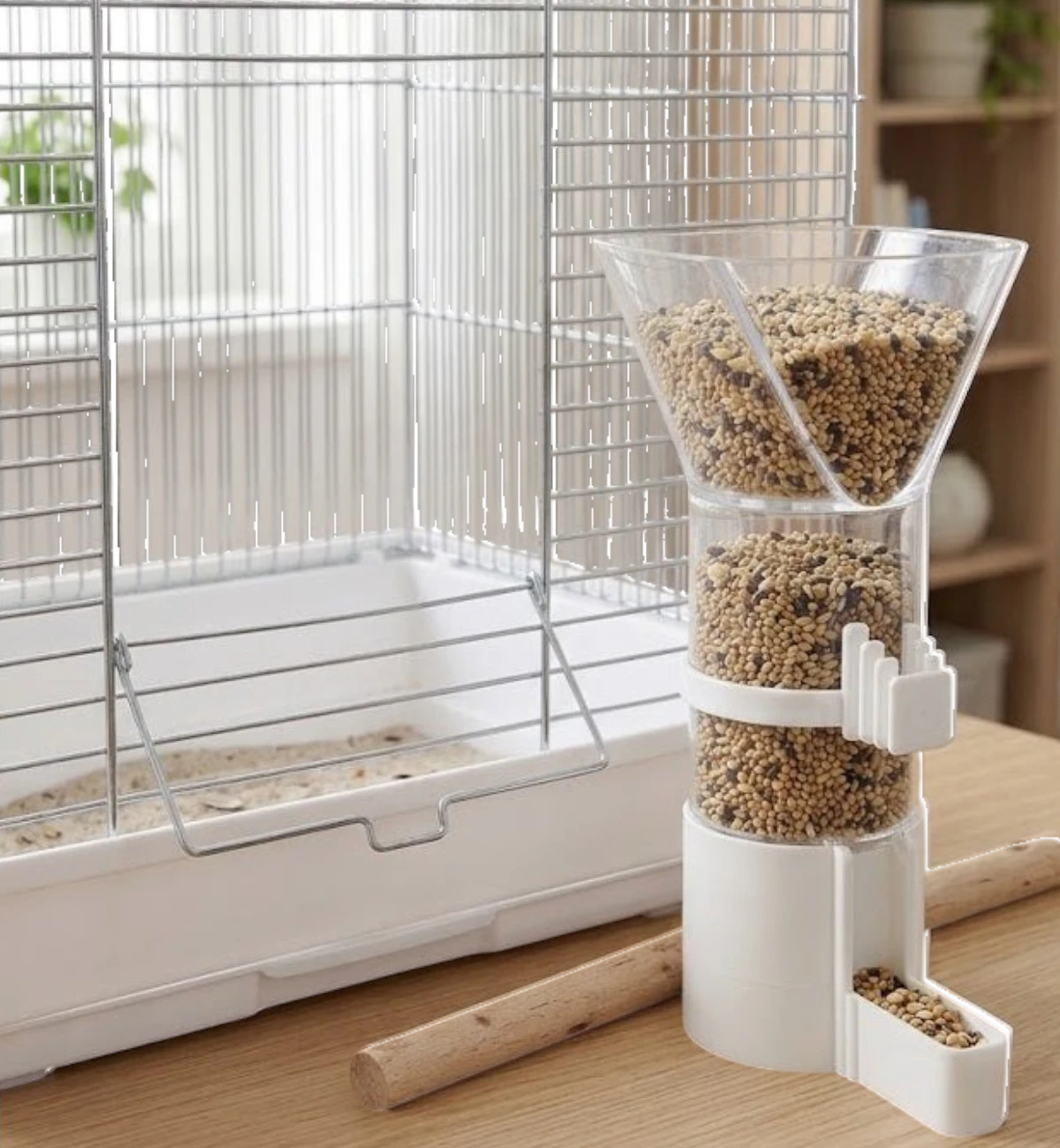 Animozen distributeur automatique de nourriture pour oiseaux en plastique transparent avec réservoir et base distributrice, fixation intégrée.