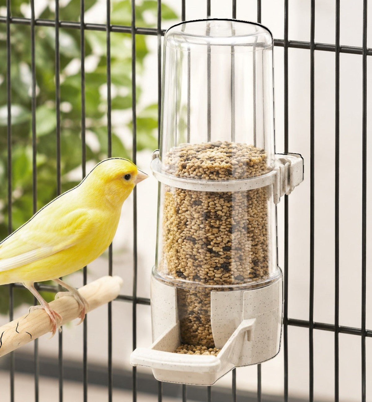 Animozen distributeur de nourriture pour oiseaux suspendu en plastique transparent et blanc avec une petite marche intégrée, 16 cm.