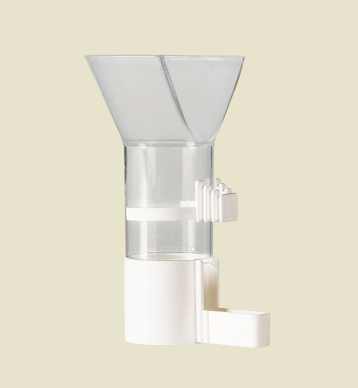 Distributeur automatique de nourriture pour oiseaux Animozen en plastique transparent et blanc, avec réservoir et mangeoire intégrés.