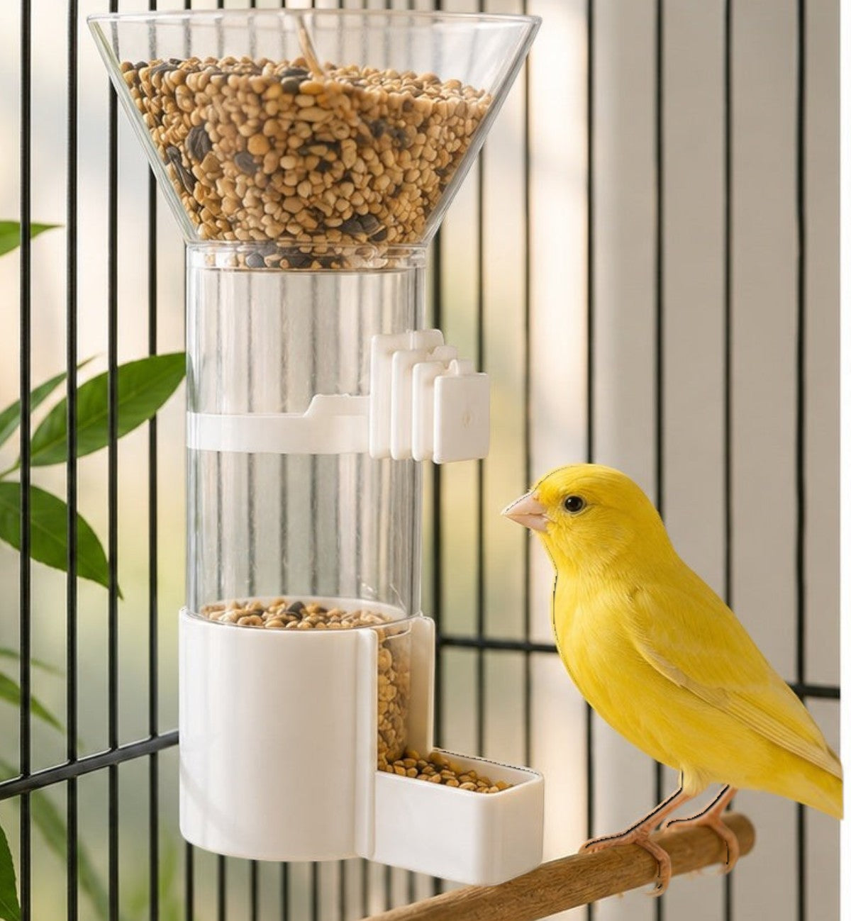 Animozen distributeur automatique de nourriture pour oiseaux en plastique transparent et blanc, idéal pour perruches et canaris.