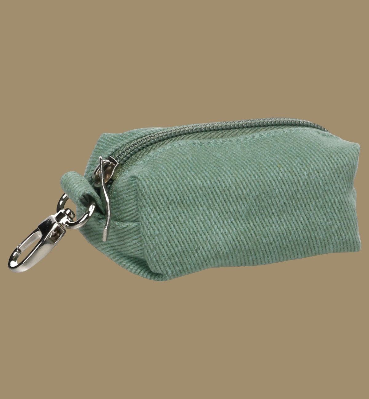 Animozen Distributeur de sacs à déjections pour chien en polyester vert avec mousqueton et fermeture éclair.