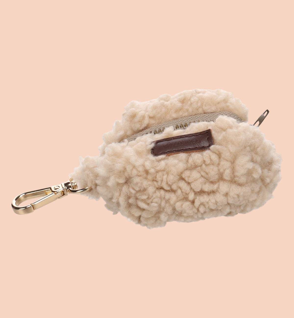 Animozen distributeur de sacs à déjections pour chien beige en polyester effet peluche avec mousqueton doré