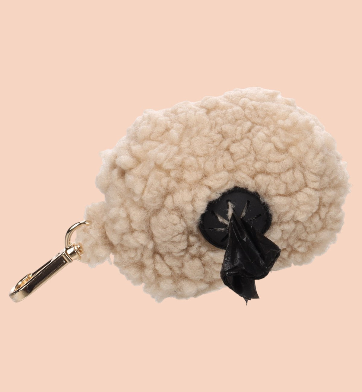 Animozen Distributeur de sacs à déjections pour chien beige en polyester effet peluche avec mousqueton doré.