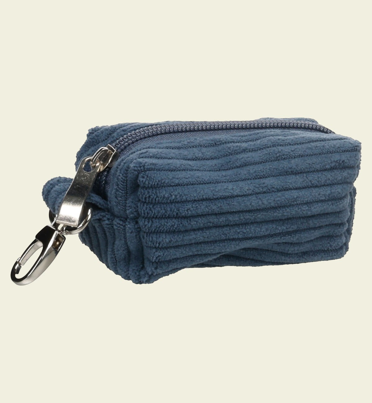 Animozen Distributeur de sacs à déjections pour chien en velours côtelé bleu avec mousqueton et fermeture éclair.