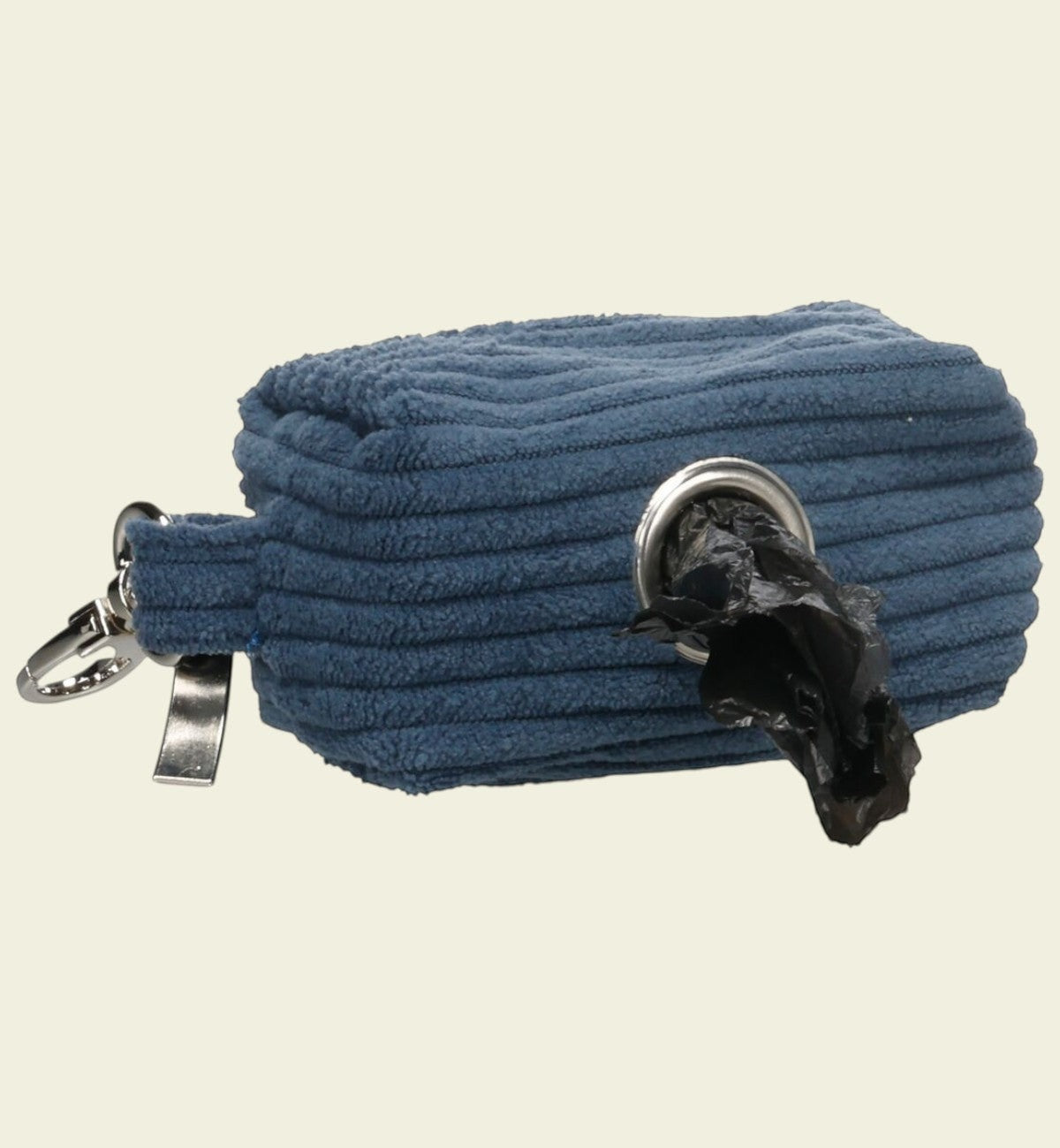 Animozen Distributeur de sacs à déjections pour chien bleu en velours côtelé avec mousqueton et fermeture éclair.