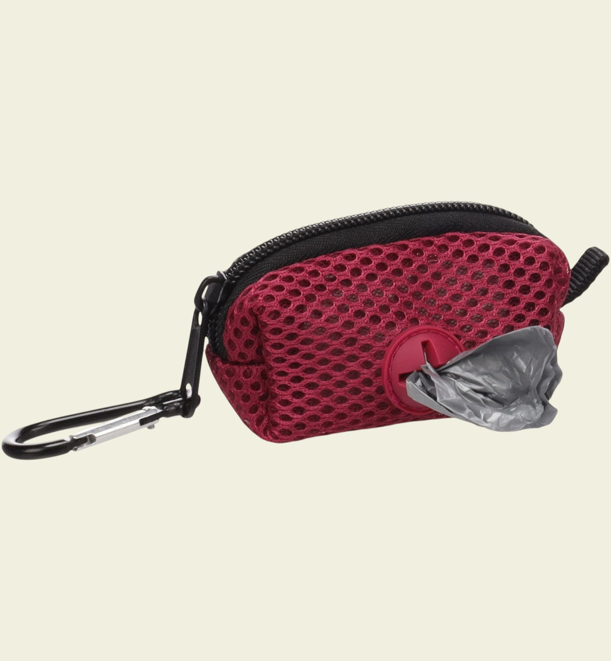 Animozen Distributeur de sacs à déjections pour chien en polyester bordeaux avec finition mesh et mousqueton.