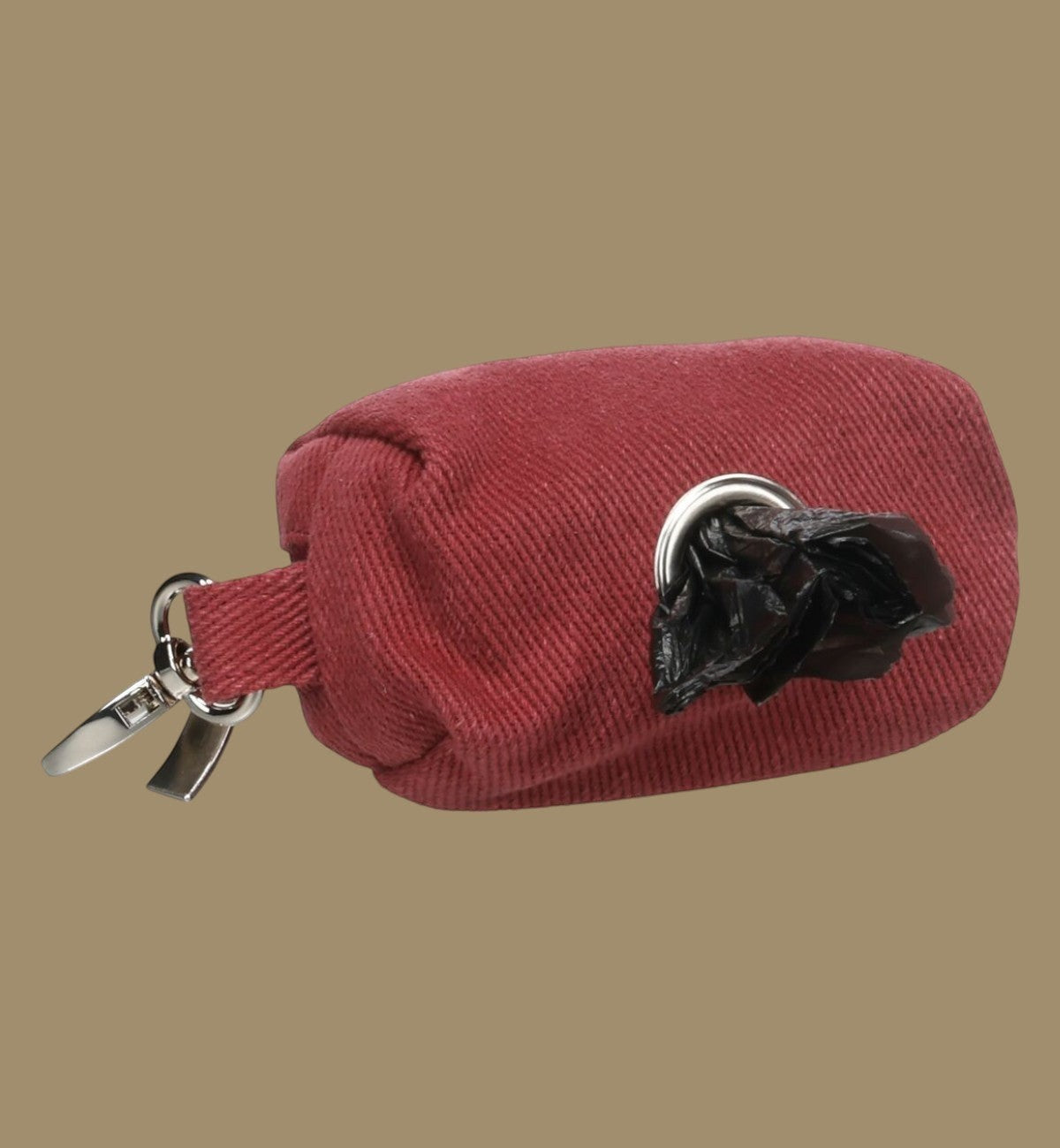 Animozen distributeur de sacs à déjections pour chien en polyester bordeaux avec mousqueton et fermeture éclair, compact et pratique.