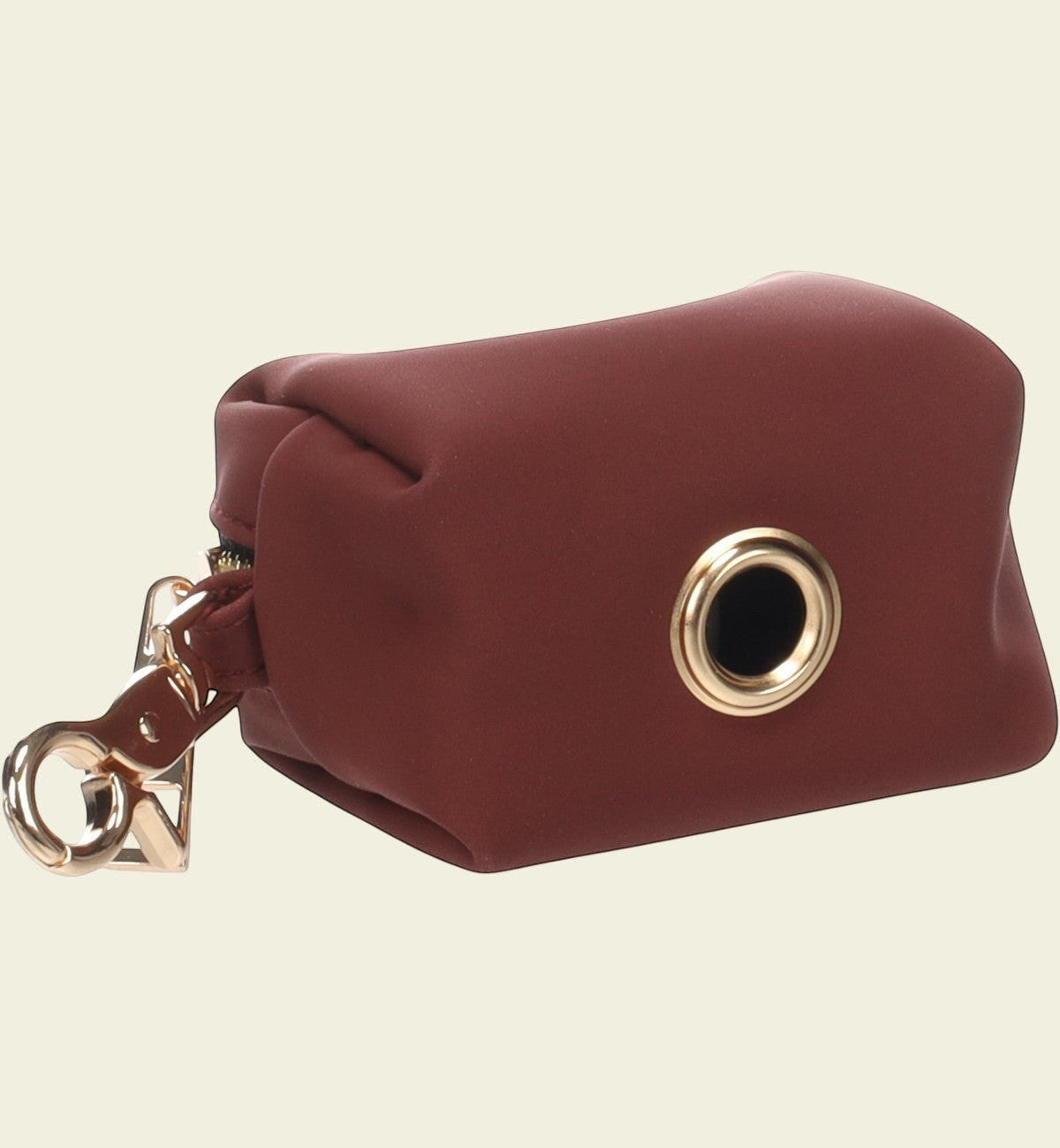 Distributeur de sacs à déjections pour chien Animozen Mirko en PU synthétique bordeaux avec mousqueton doré et fermeture éclair.