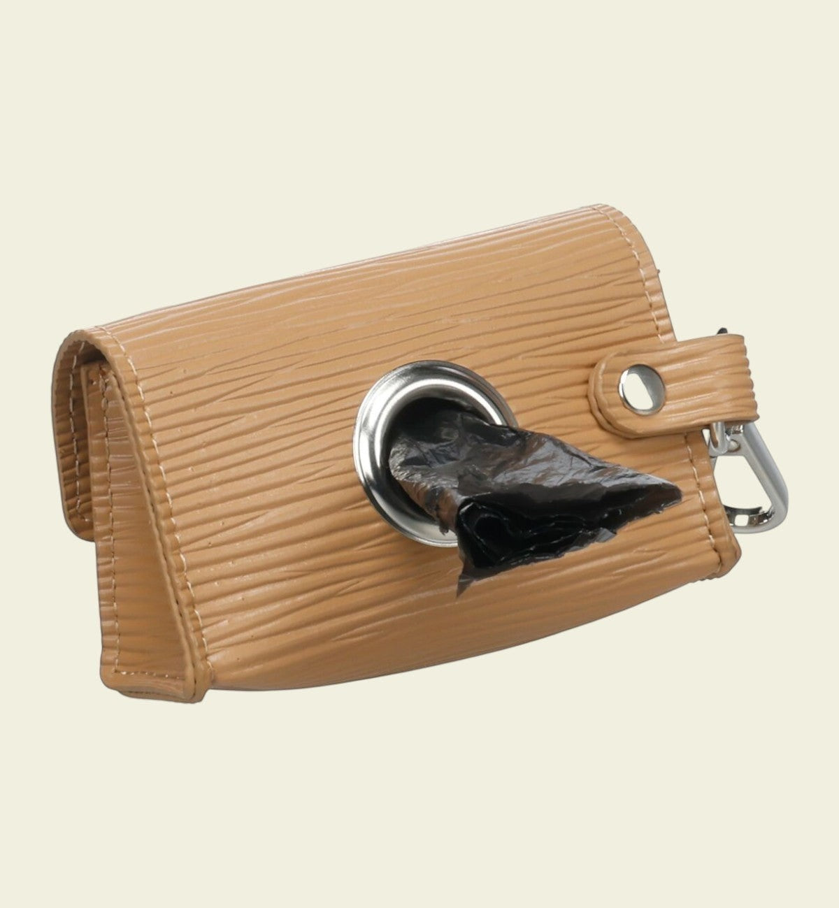 Distributeur de sacs à déjections pour chien Animozen en polyester texturé couleur camel avec mousqueton.
