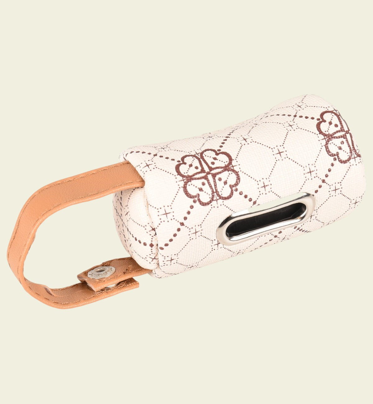 Animozen Distributeur de sacs à déjections pour chien Vito en cuir beige et marron avec motif trèfle. Fermeture éclair et mousqueton.