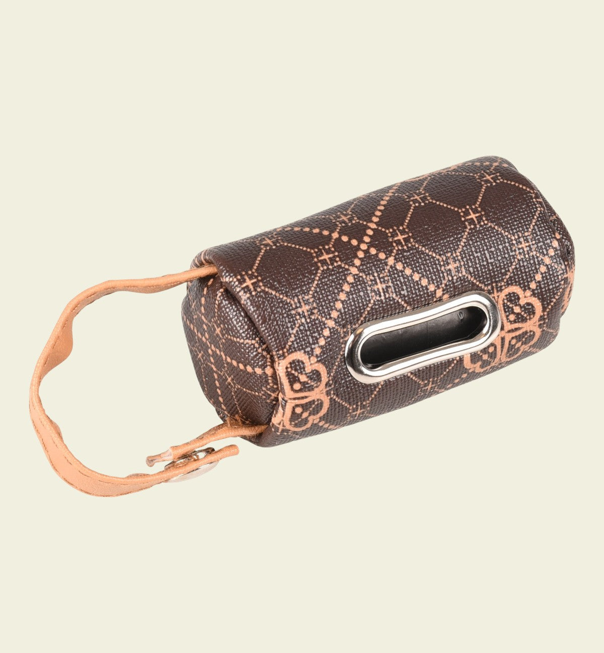 Animozen distributeur de sacs à déjections pour chien en cuir marron avec motif géométrique et cœur, mousqueton et fermeture éclair.
