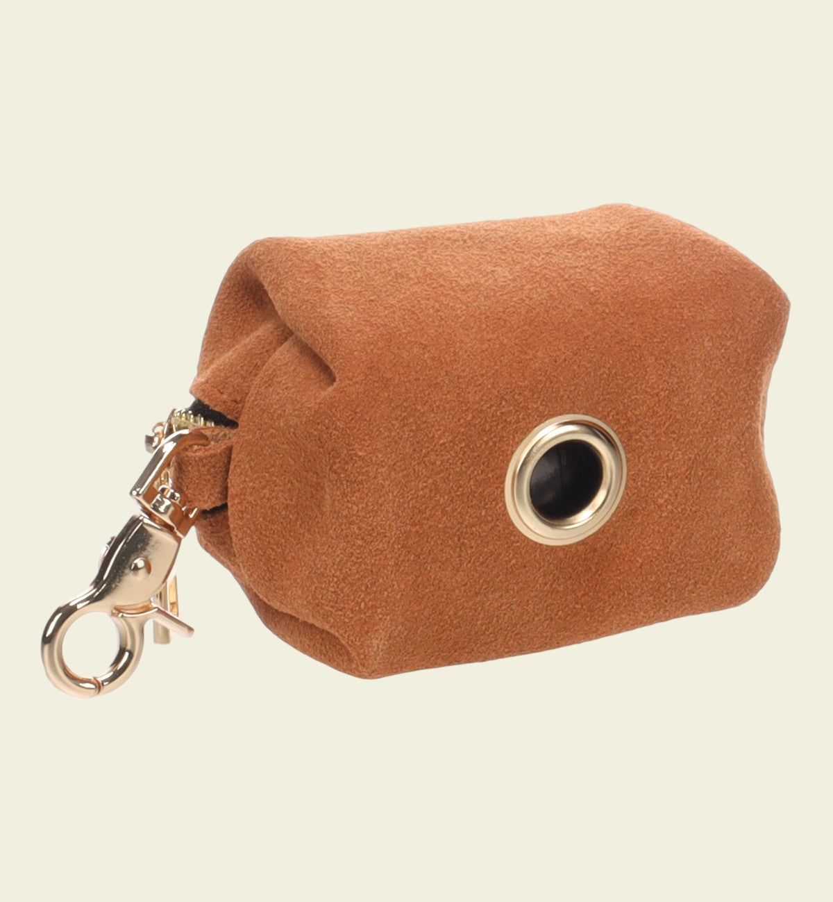 Animozen distributeur de sacs à déjections pour chien en cuir véritable marron avec mousqueton doré et fermeture éclair.