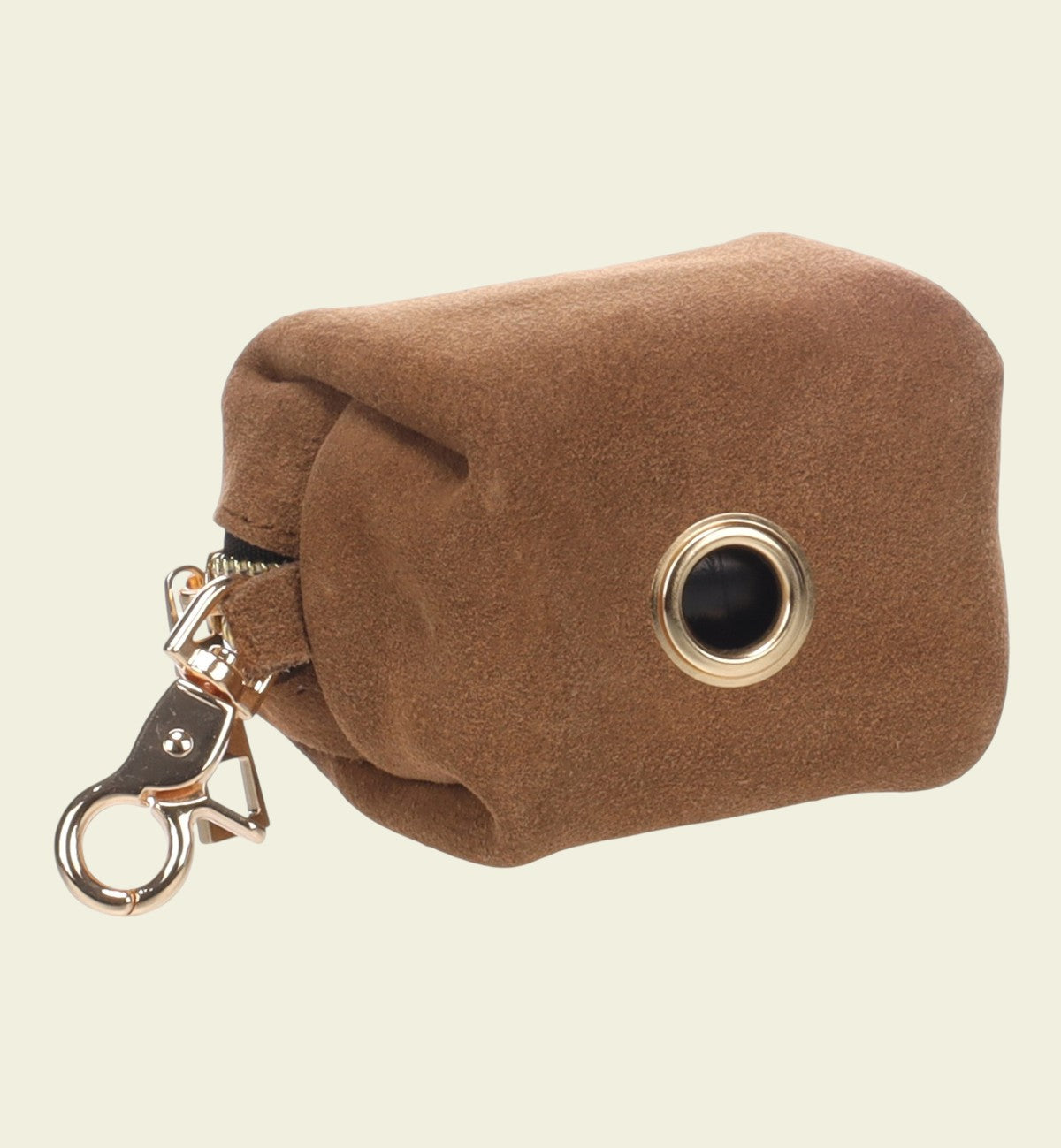 Distributeur de sacs à déjections pour chien Animozen en cuir véritable marron avec mousqueton doré et œillet pour sacs.
