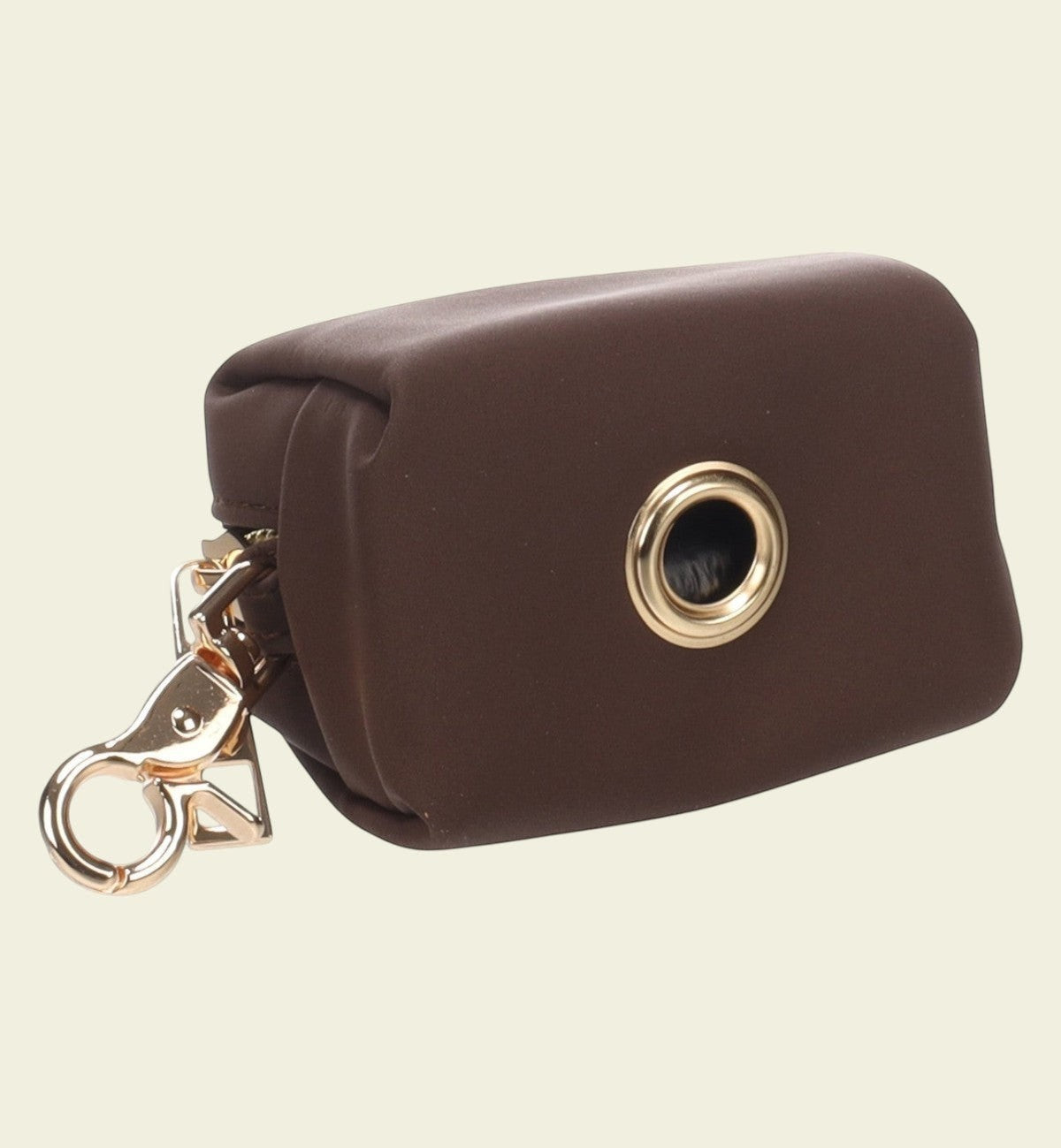 Animozen Distributeur de sacs à déjections pour chien Mirko en PU synthétique marron foncé avec mousqueton doré et fermeture éclair.
