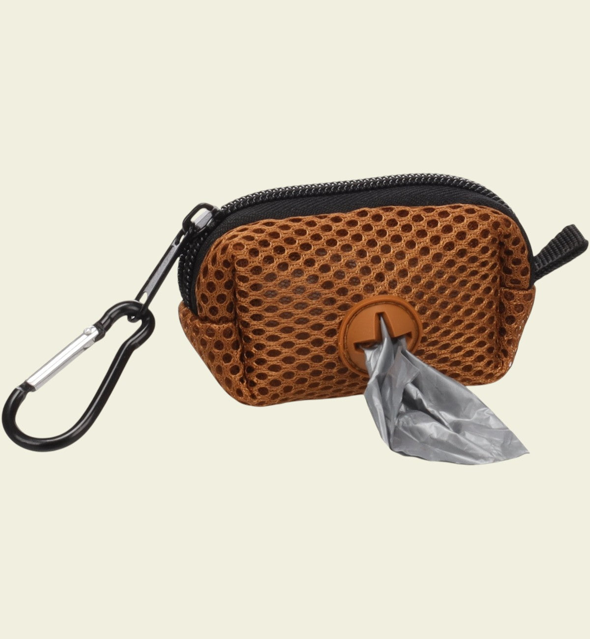 Animozen Distributeur de sacs à déjections pour chien en polyester marron avec finition mesh et mousqueton.