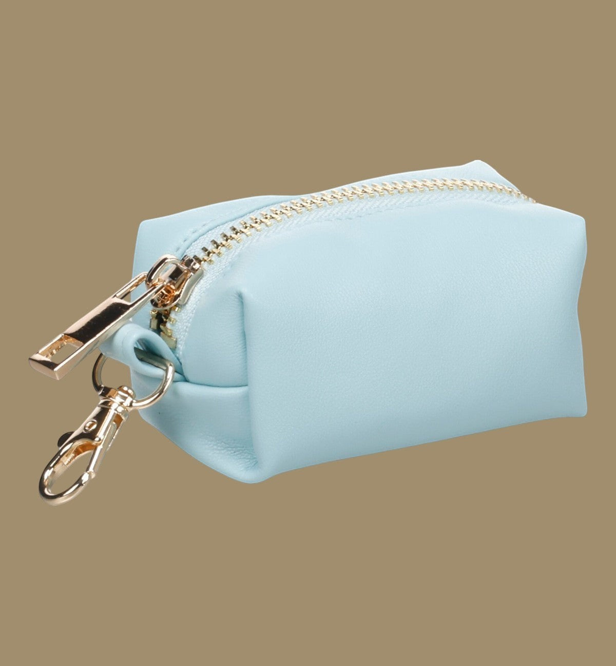 Animozen Distributeur de sacs à déjections pour chien en similicuir bleu ciel avec fermeture éclair dorée et mousqueton.