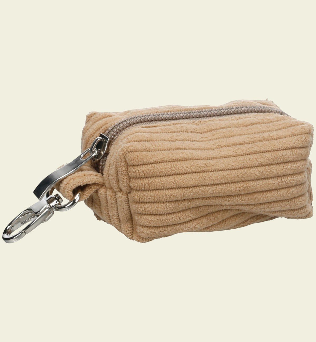 Animozen Distributeur de sacs à déjections pour chien en velours côtelé beige avec mousqueton et fermeture éclair.