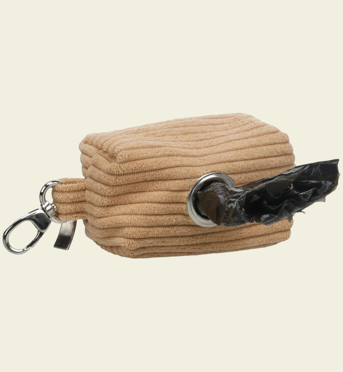 Animozen distributeur de sacs à déjections pour chien en velours côtelé beige avec mousqueton et sac noir.