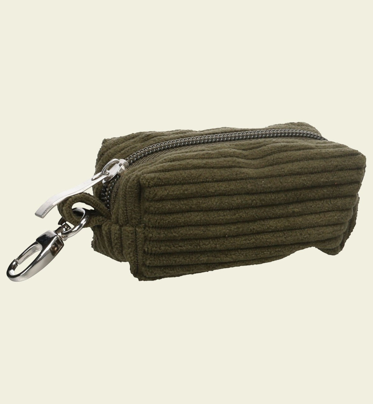 Animozen Distributeur de sacs à déjections pour chien en velours côtelé vert avec mousqueton et fermeture éclair.