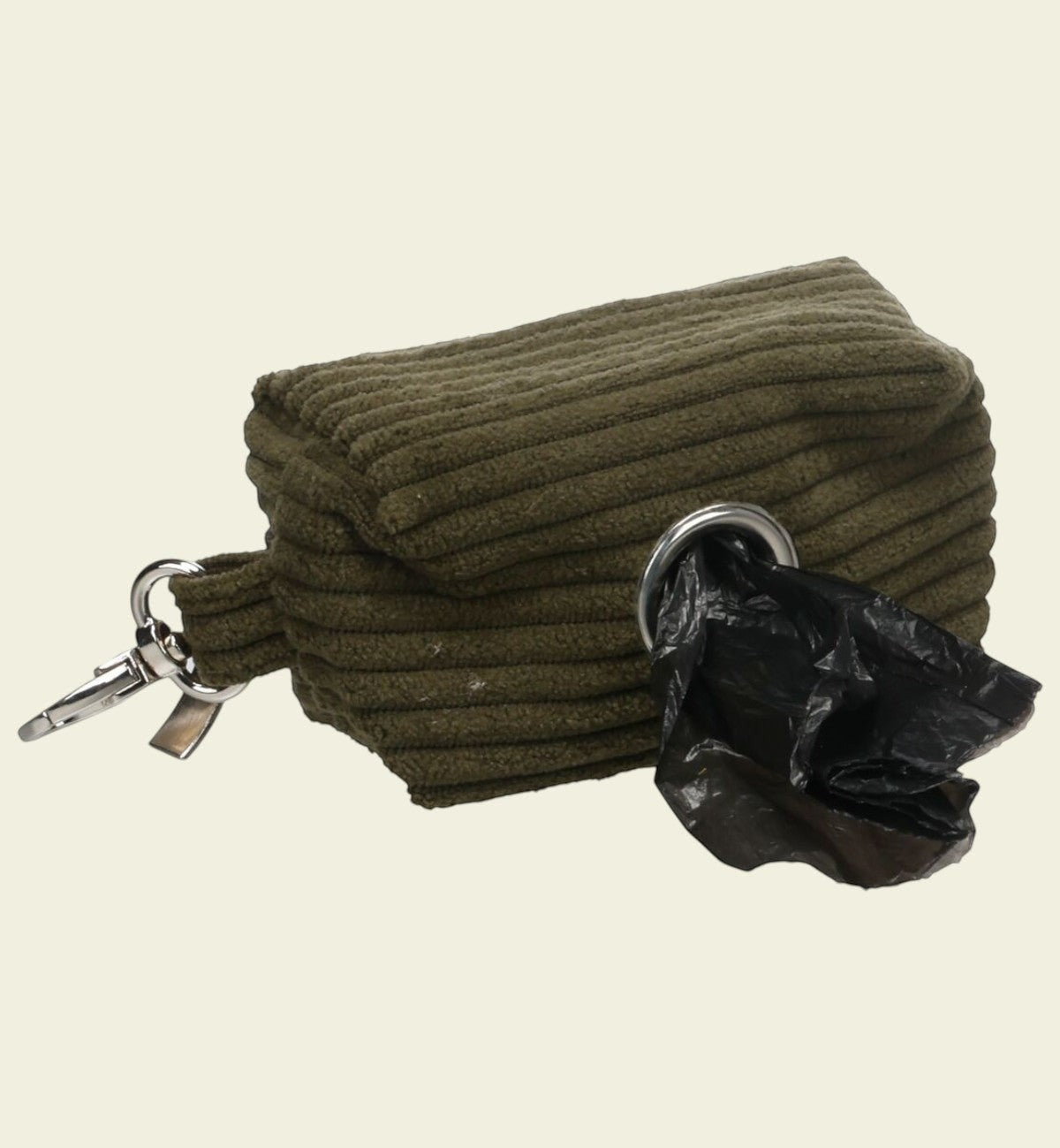 Animozen distributeur de sacs à déjections pour chien en velours côtelé vert avec mousqueton et fermeture éclair.