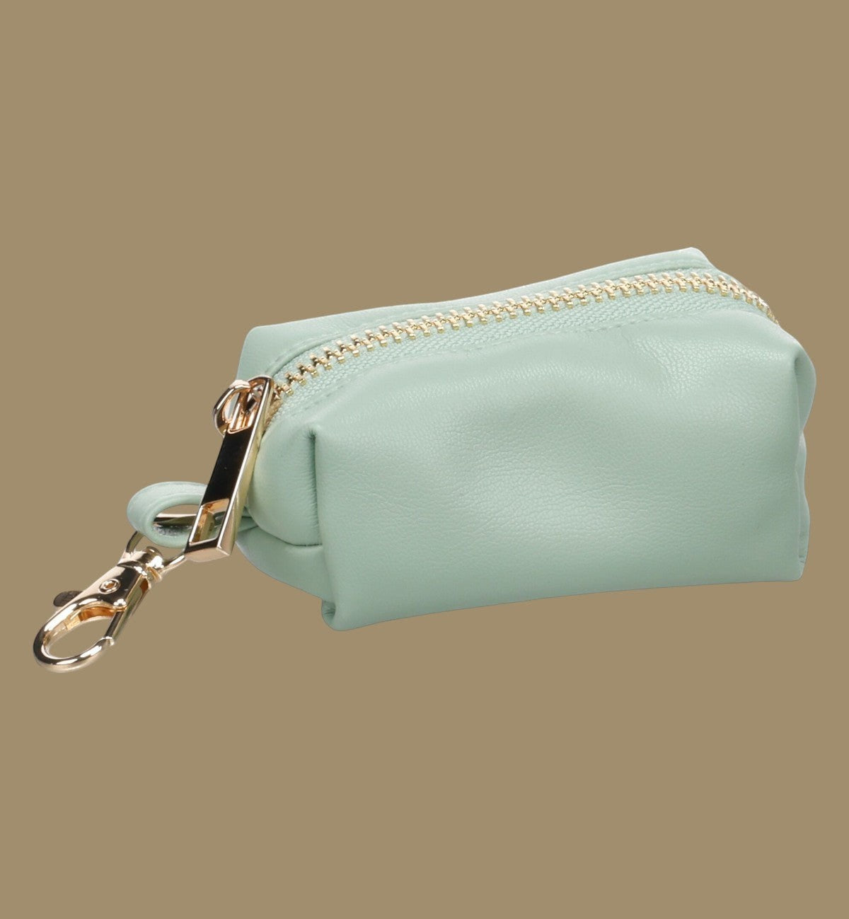 Animozen Distributeur de sacs à déjections pour chien en similicuir vert menthe avec fermeture éclair dorée.