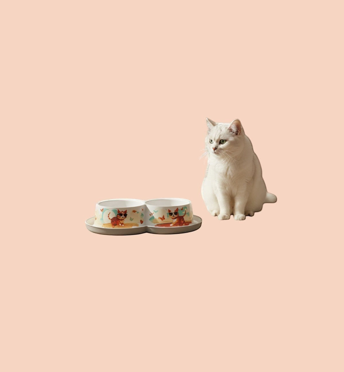 Animozen Double gamelle chat blanc en polypropylène avec motif chat au soleil, support antidérapant et rebord anti-insectes.