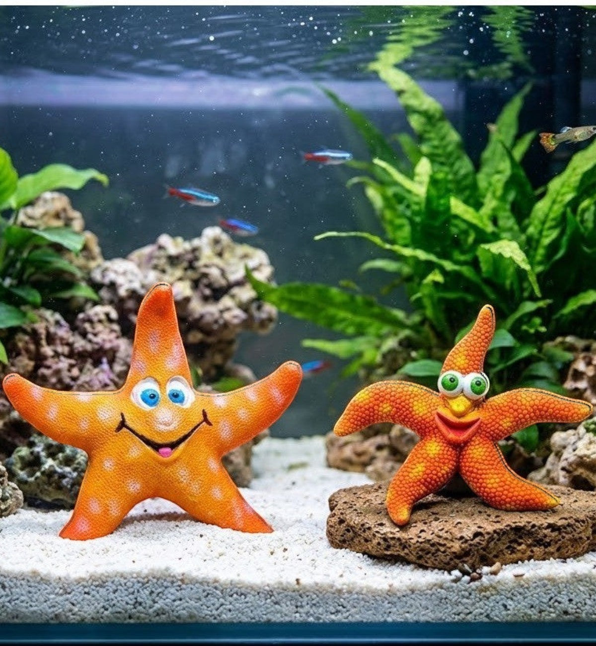 Animozen étoiles de mer décoratives orange et bleues pour aquarium, en résine, 8 cm. Style ludique et coloré.
