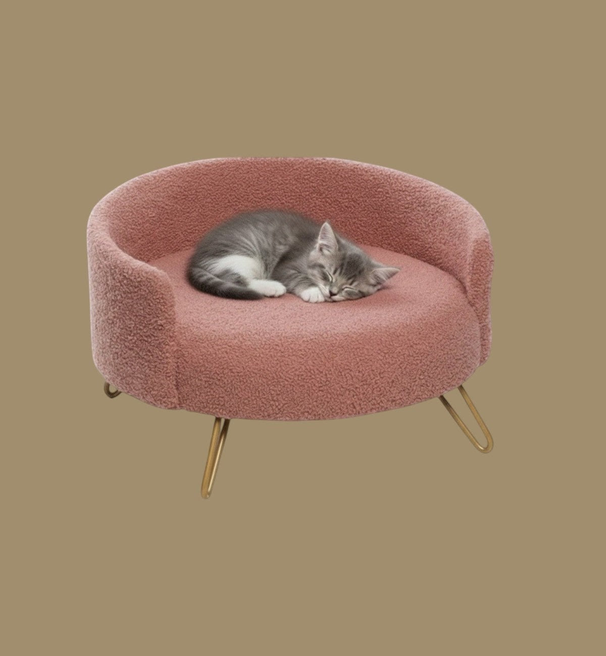 Animozen Fauteuil rond rose en textile doux pour petit chien ou chat, avec pieds dorés.