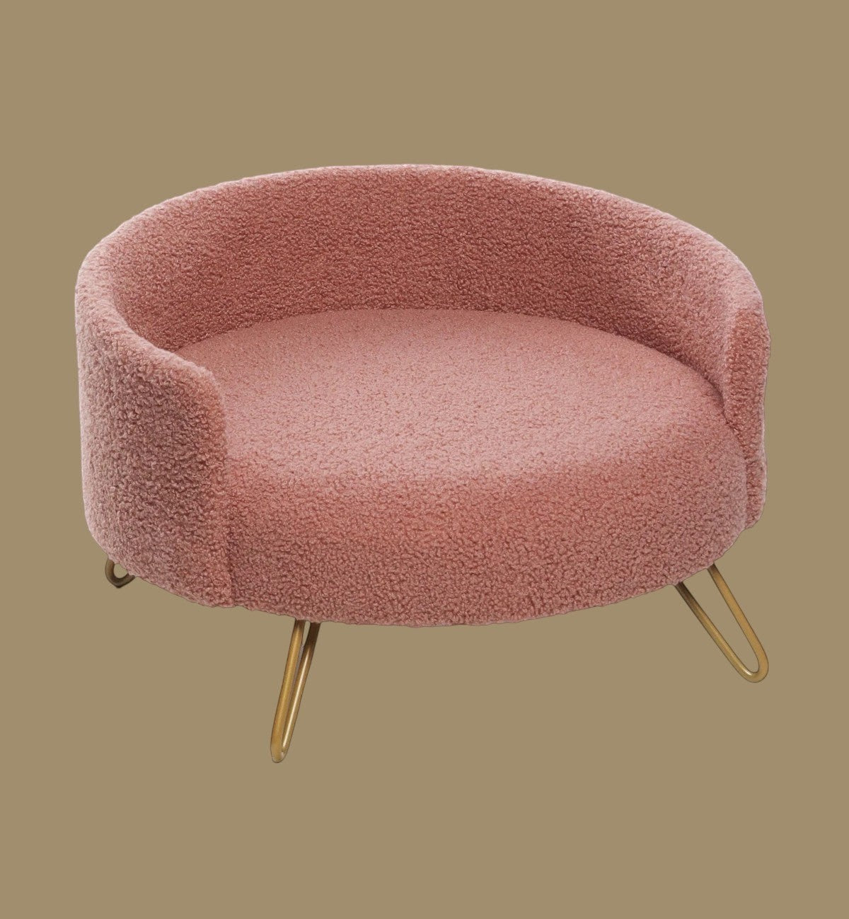 Animozen Fauteuil rond rose en textile doux pour petit chien ou chat, avec pieds dorés. Design moderne.