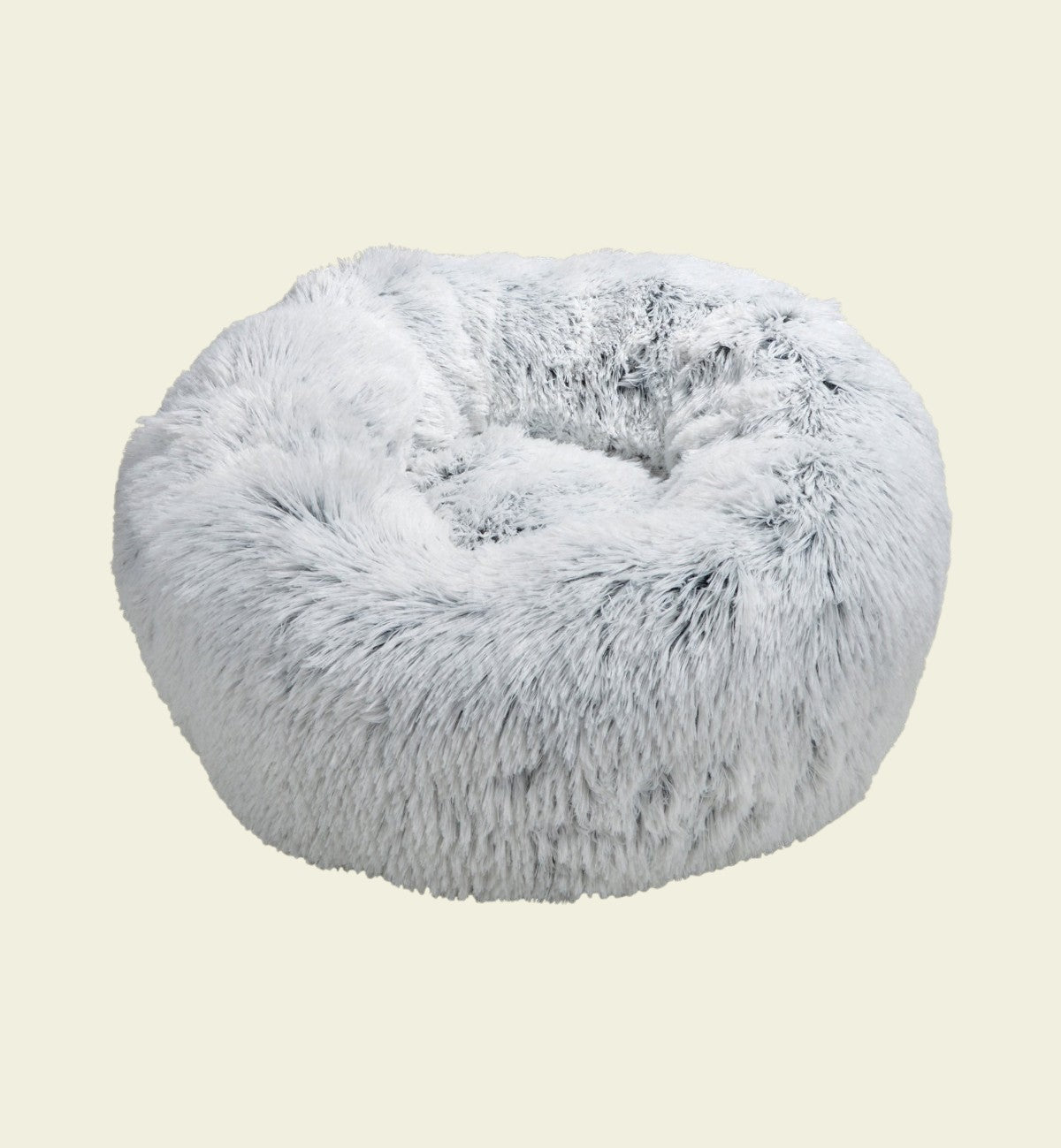 Animozen fluffy round pet bed in white and grey, made of soft polyester with a non-slip base.