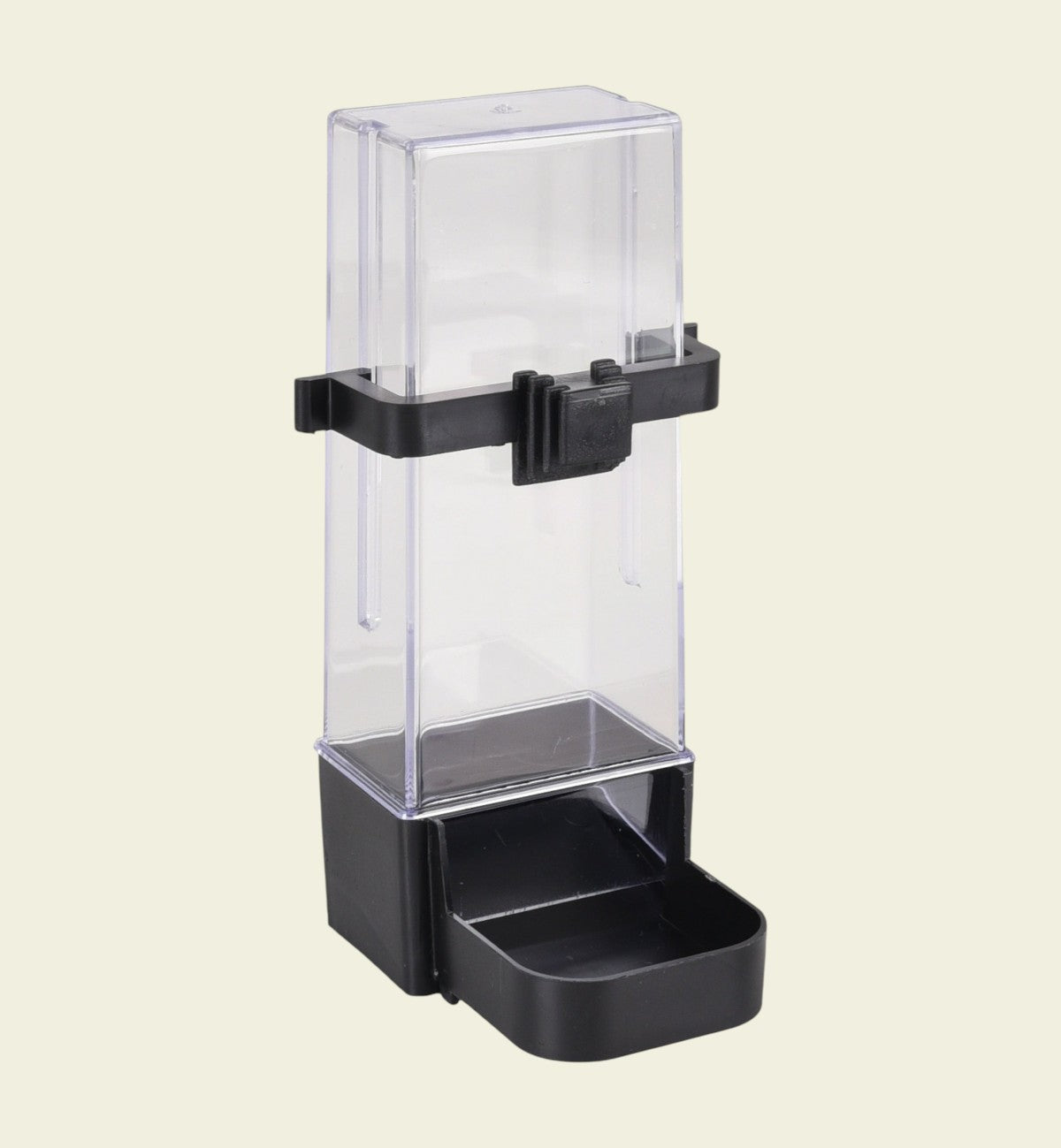 Animozen Fontaine à eau et distributeur de nourriture pour oiseaux 200ml en plastique transparent et noir avec base noire.