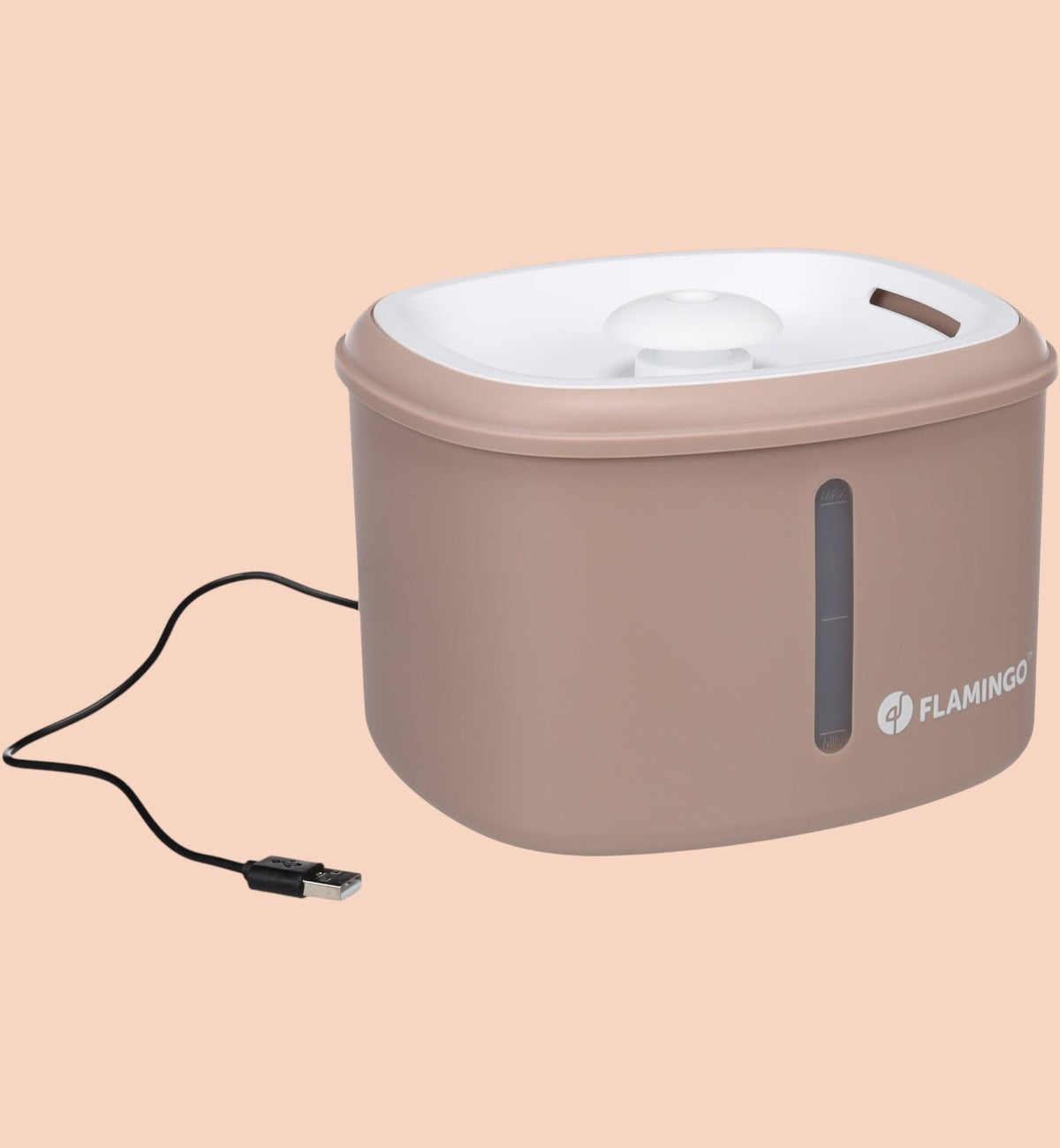Fontaine à eau Finto Fresh 2,5L Animozen en polypropylène beige et blanc avec indicateur de niveau d'eau et câble USB.