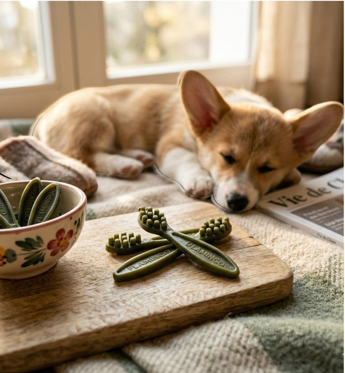 Animozen Friandise veggie brosse à dent à la pomme pour chien, verte, 7,5 cm, lot de 15 pièces.