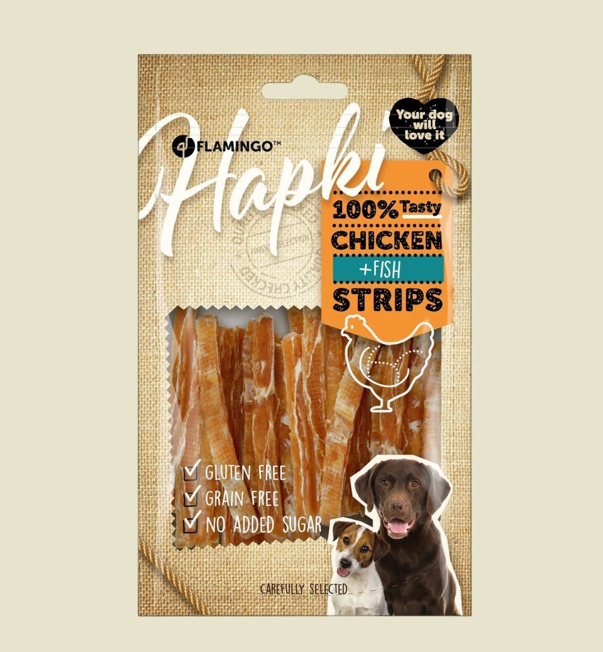Animozen Friandise lanières au poulet et au cabillaud, sans gluten, sans céréales, sans sucres ajoutés pour chiens.