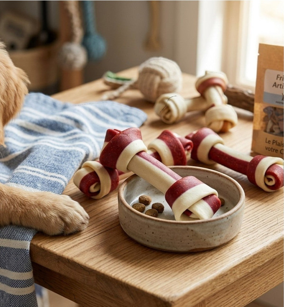 Animozen Friandise os noué au poulet et fromage pour chien, bicolore rouge et blanc, en forme d'os torsadé.
