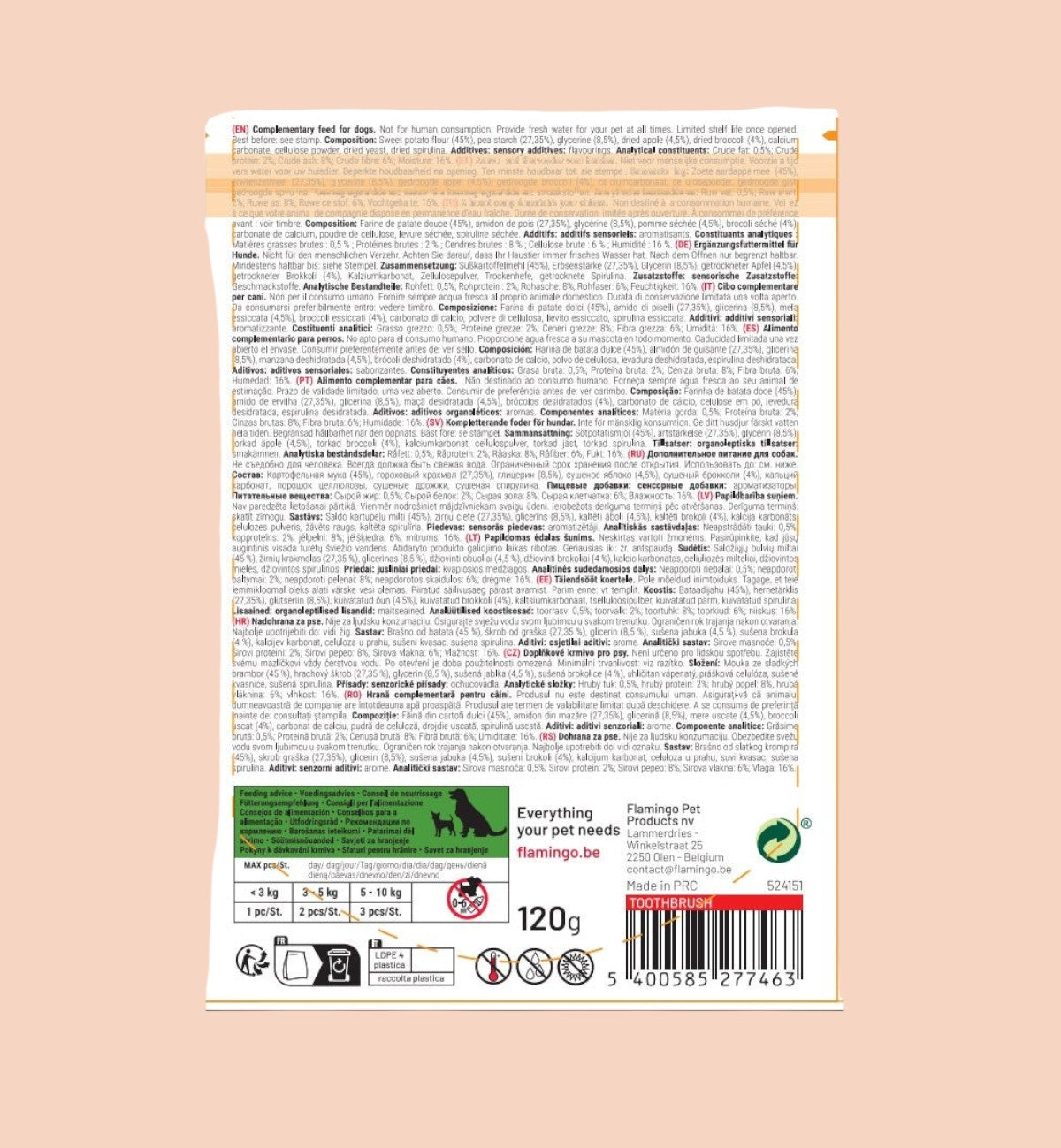 Animozen Friandise veggie brosse à dent à la pomme pour chien, 15 pièces, 120g, 100% végétale, sans gluten.