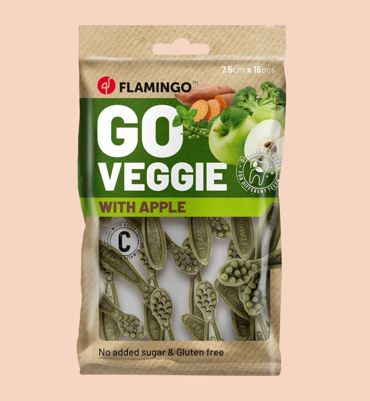 Animozen Friandise veggie brosse à dent à la pomme pour chien, 15 pièces, sans gluten, sans sucre ajouté.