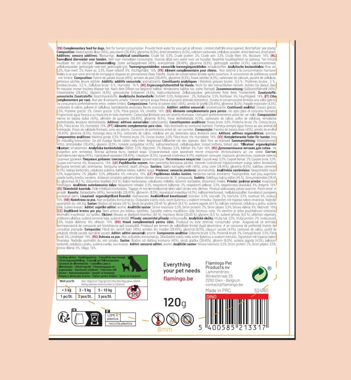 Animozen Friandise veggie Dino à la fraise pour chien, forme dinosaure, saveur fraise, 120g.