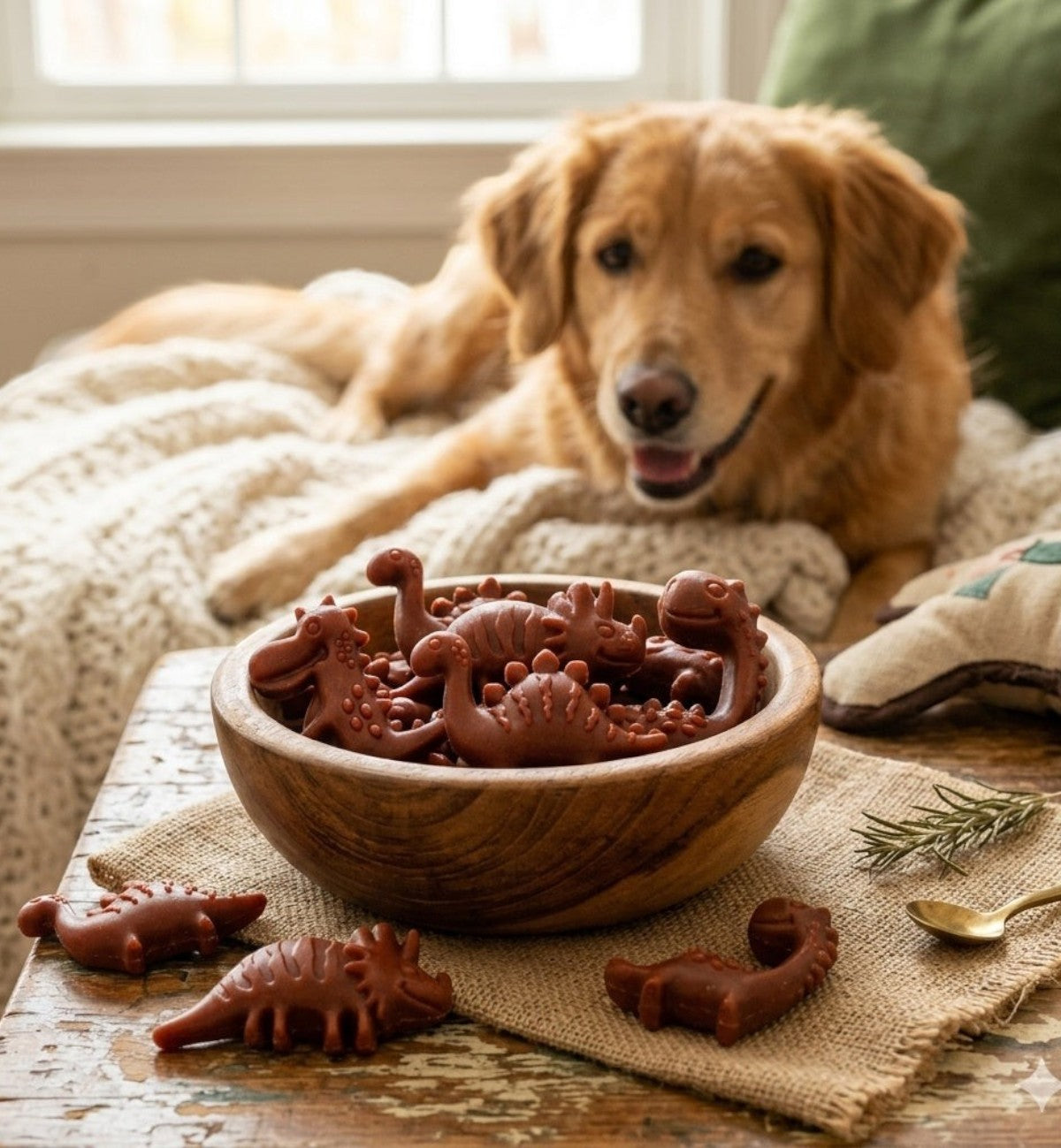 Animozen Friandise veggie Dino à la fraise pour chien, forme dinosaure, couleur marron, à base de patate douce.