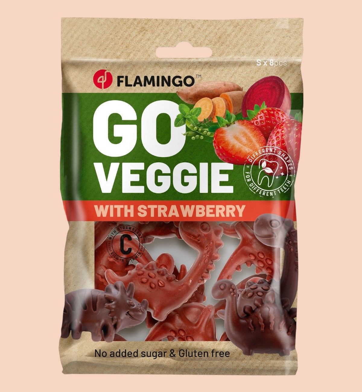 Animozen Friandise veggie Dino à la fraise, friandises végétales pour chien en forme de dinosaure, saveur fraise, sans gluten.