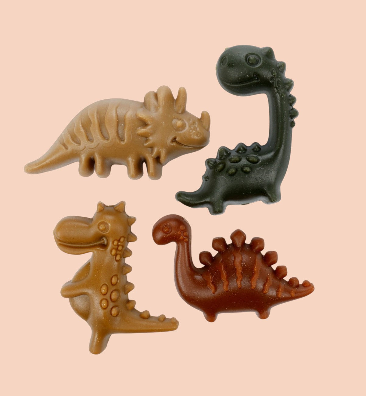 Animozen Lot de friandises veggies pour chien Dino, formes dinosaures coloris marron, vert et orange, 100% végétal.