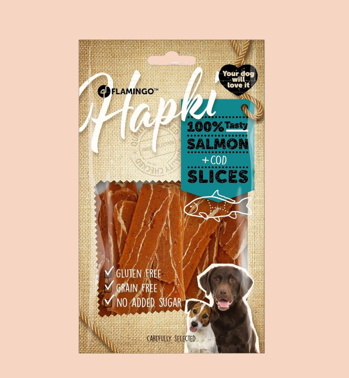 Animozen : friandises pour chien en forme de tranches au saumon et cabillaud, sans gluten ni céréales.