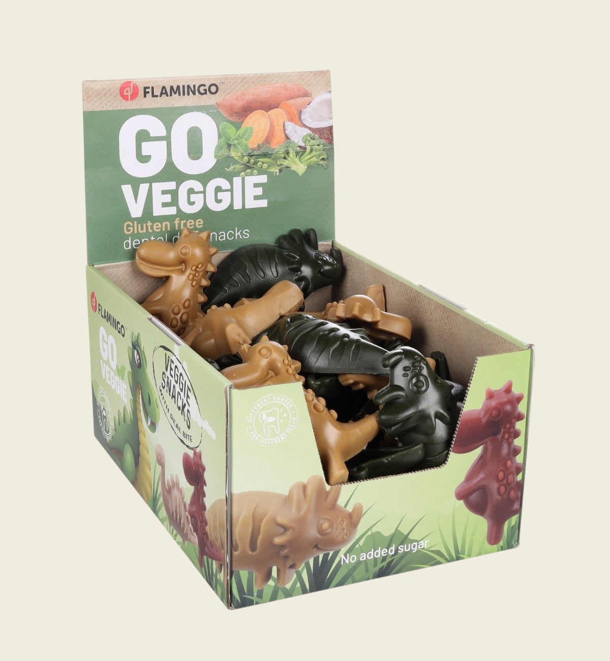Animozen lot de friandises végétales pour chien en forme de dinosaures, couleurs brun et vert, sans gluten ni sucres ajoutés.