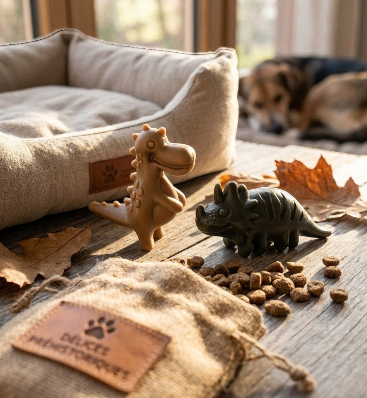 Animozen lot de friandises veggies pour chien en forme de dinosaures, marron et vert, à base de patate douce.
